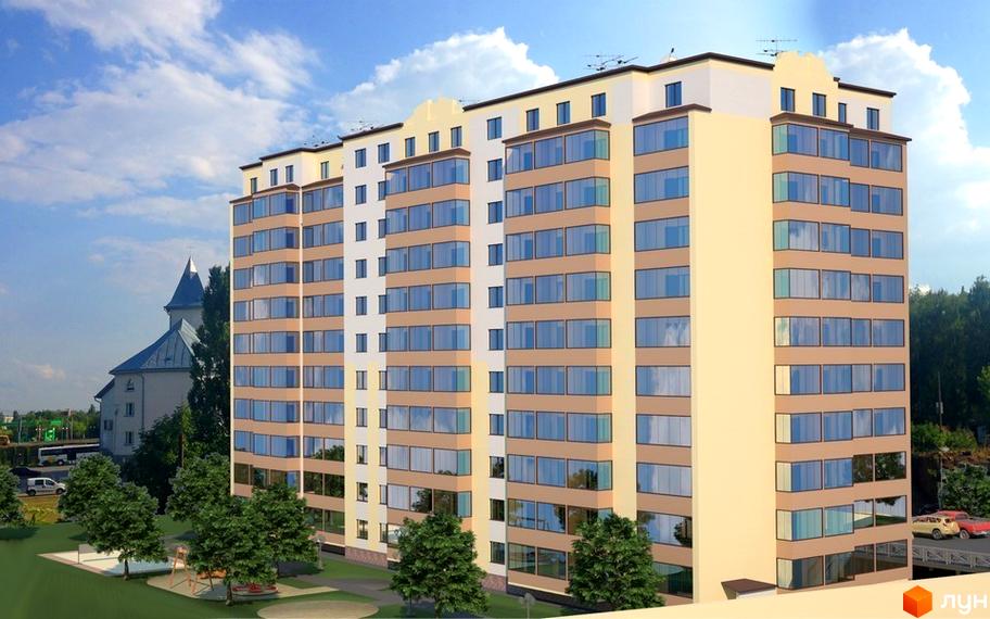 Зовнішній вигляд багатоповерхового будинку з великими вікнами, на тлі блакитного неба з хмарами. Прибудинкова територія з деревами та дитячим майданчиком.