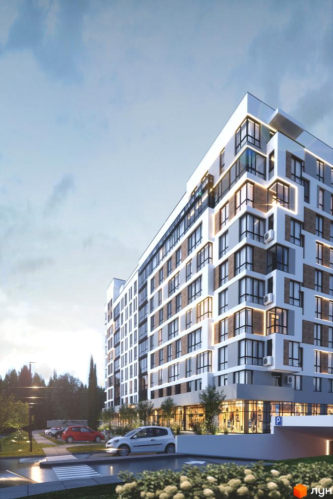 Багатоповерховий будинок Житлового комплексу AUROOM CITY з біло-сірим фасадом, великими вікнами та підсвіткою. Прибудинкова територія має парковку, зелені насадження та пішохідний перехід.