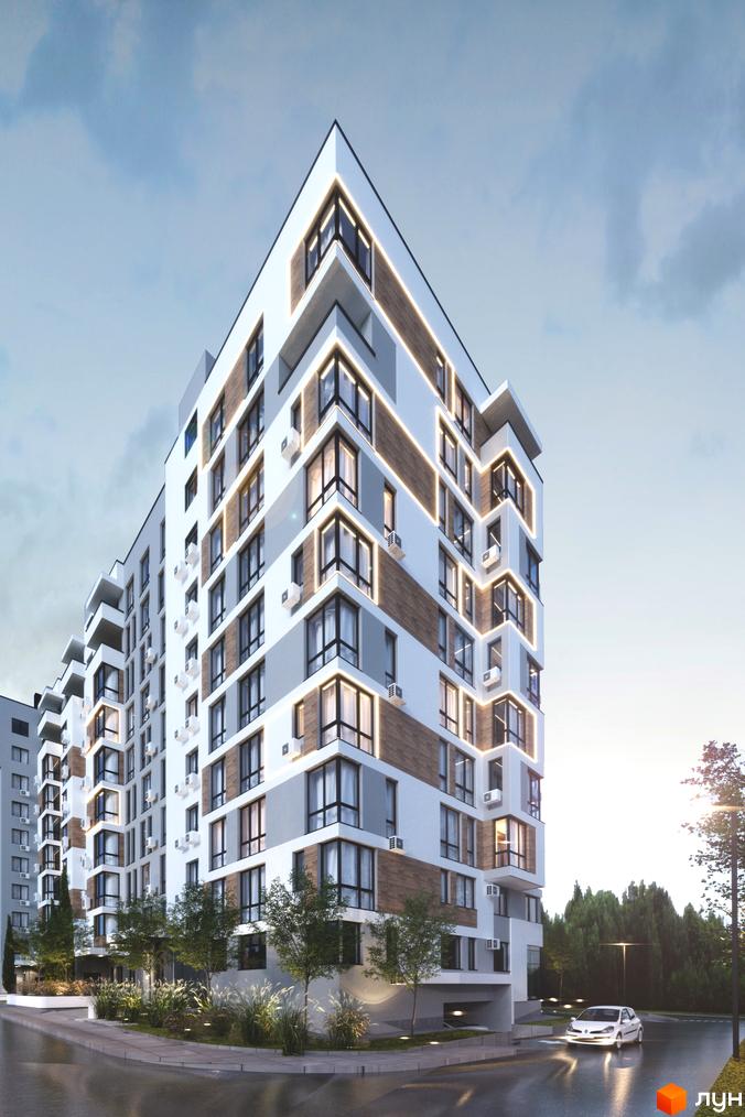 Житловий комплекс AUROOM CITY має біло-сірий фасад з дерев'яними елементами та кутовими вікнами, підсвіченими лініями. Навколо будинку зелені насадження, дорога та автомобіль.