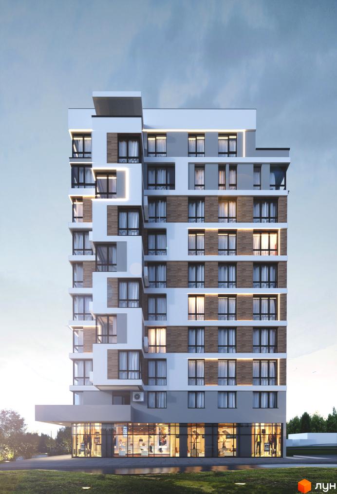 Житловий комплекс AUROOM CITY: багатоповерховий будинок з комбінованим фасадом, що поєднує білі, сірі та дерев'яні елементи, з великими вікнами.