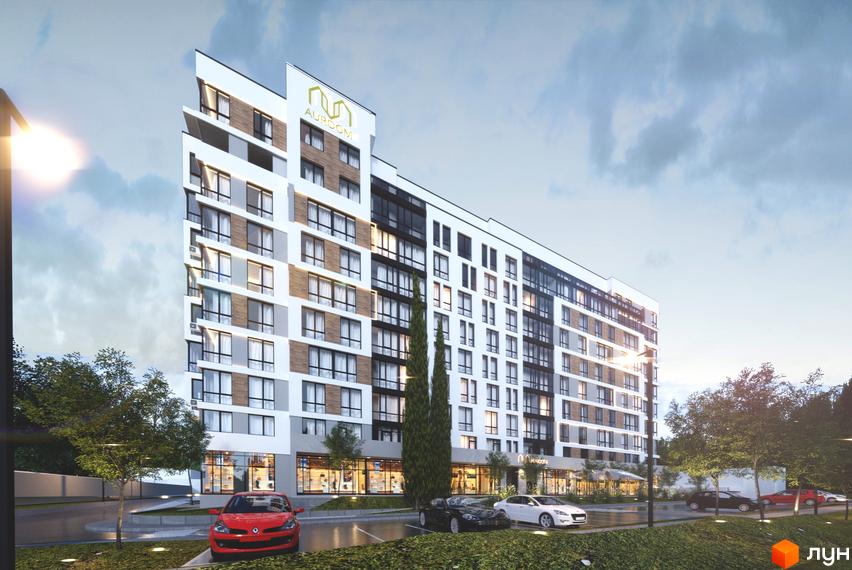 Житловий комплекс AUROOM CITY: багатоповерховий будинок з білим та сірим фасадом, великими вікнами. Навколо – парковка з автомобілями та зелені насадження.