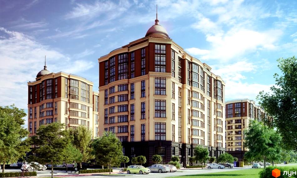 Житловий комплекс Bavaria City з фасадами у світлих тонах. На території комплексу є зелені насадження та автомобілі.