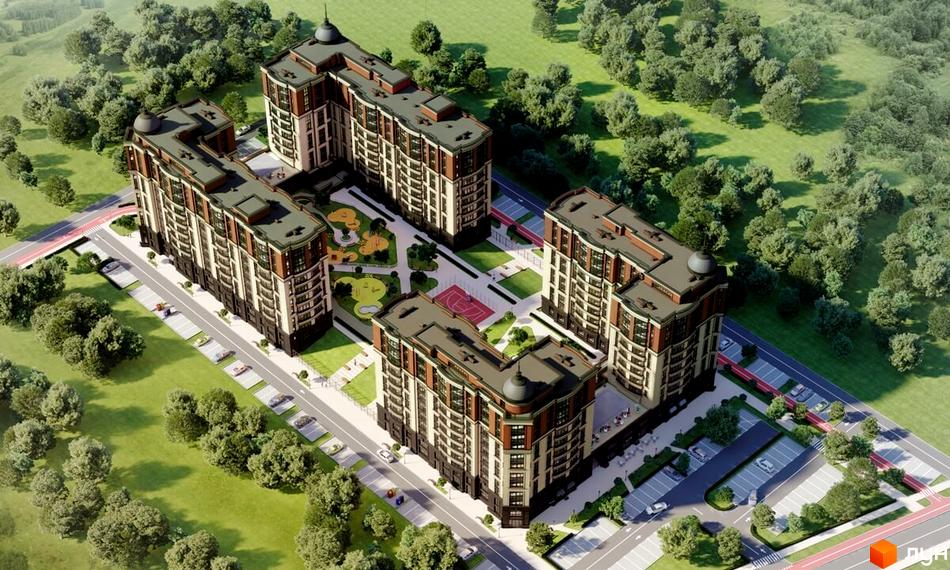 Житловий комплекс Bavaria City: багатоповерхові будинки з коричнево-бежевими фасадами, внутрішній двір з дитячими та спортивними майданчиками, парковками.