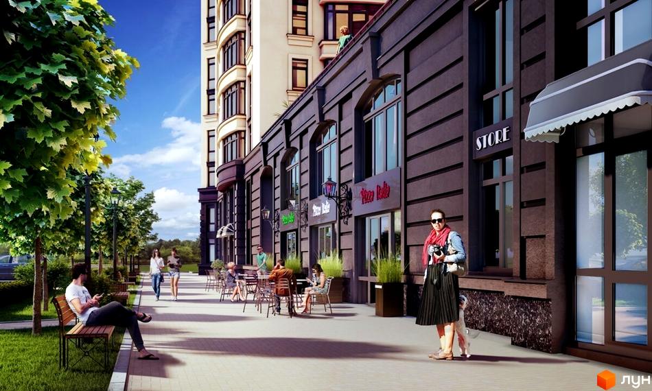 Зображення сторінки житлового комплексу Bavaria City. На фото зображено будівлю з магазинами на першому поверсі та пішохідну зону з лавками та деревами.