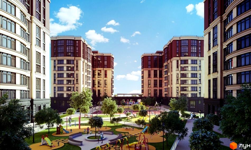 Житловий комплекс Bavaria City з сучасними багатоповерховими будинками. На території комплексу дитячий майданчик та зелені зони для відпочинку.