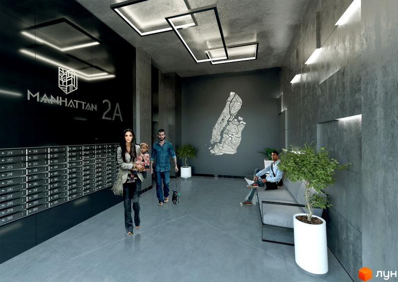 Лобі житлового комплексу Manhattan 2A з сучасним дизайном та зручними місцями для відпочинку. Ознайомтеся з плануваннями квартир та інфраструктурою району.