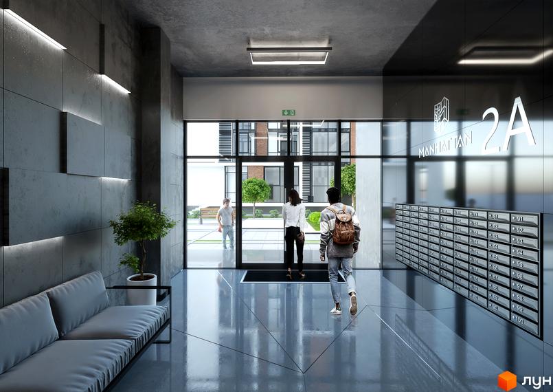 Дизайн холу житлового комплексу Manhattan. Сучасний інтер'єр з диваном, рослиною та поштовими скриньками. Великі вікна виходять на прибудинкову територію з деревами.