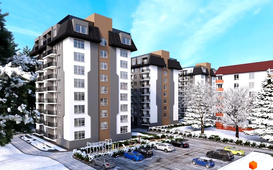 Житловий комплекс Melody Park у зимовому пейзажі з сучасними будинками та доглянутою прибудинковою територією з парковкою.