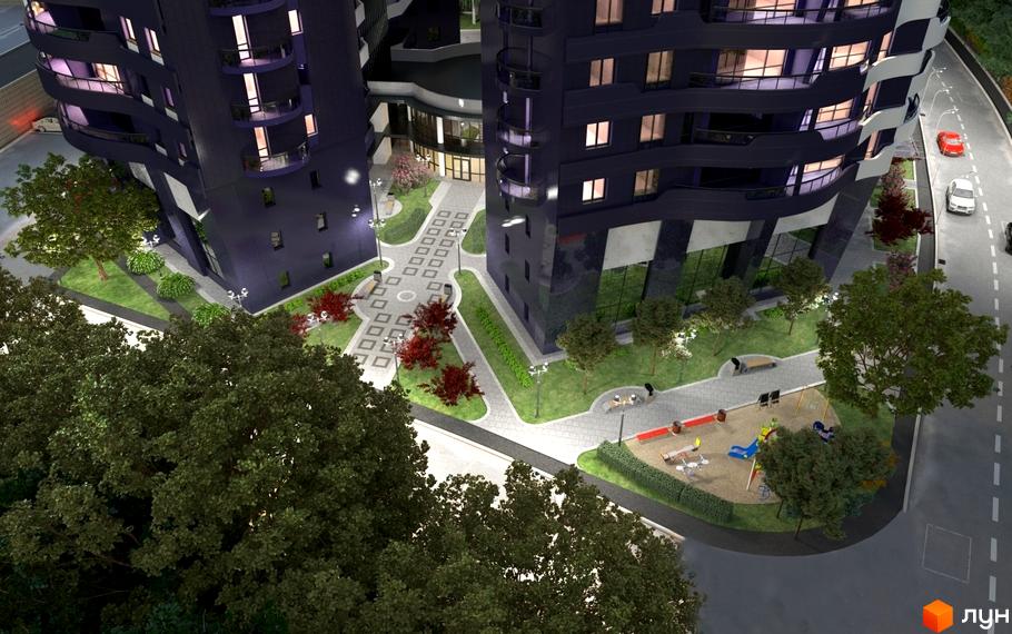 Житловий комплекс Alter Ego з темними фасадами та балконами. На прибудинковій території дитячий майданчик та зелені зони.