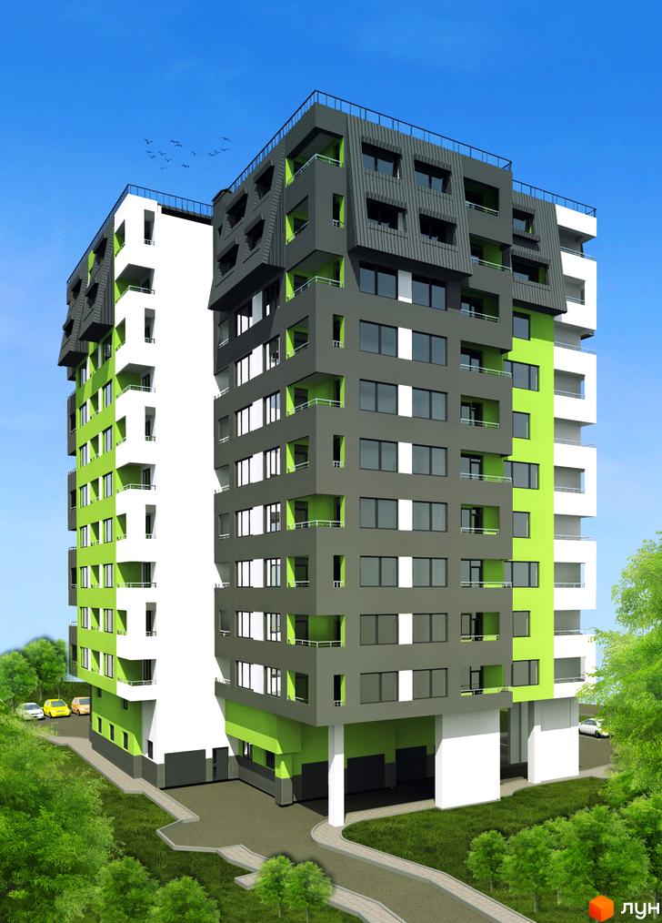 Сучасна новобудова на вулиці Стуса, 12а, з яскравим фасадом та балконами. Навколо будинку зелені насадження та доглянута прибудинкова територія.