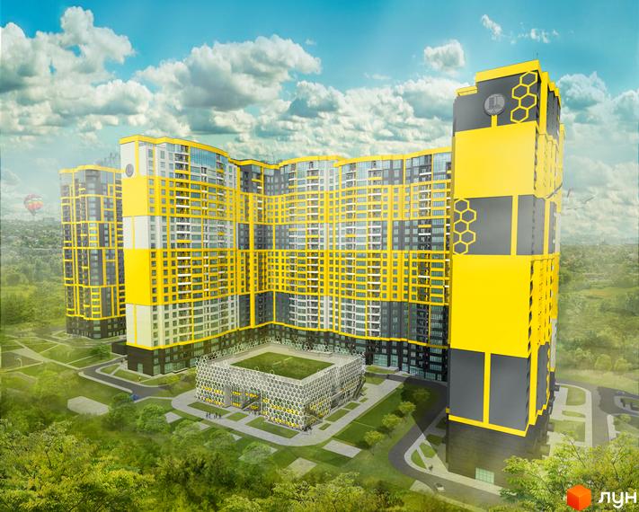 Новобудова Медовий: багатосекційний житловий комплекс з жовто-сірими фасадами, балконами та елементами у вигляді сот. Прибудинкова територія з зеленню.