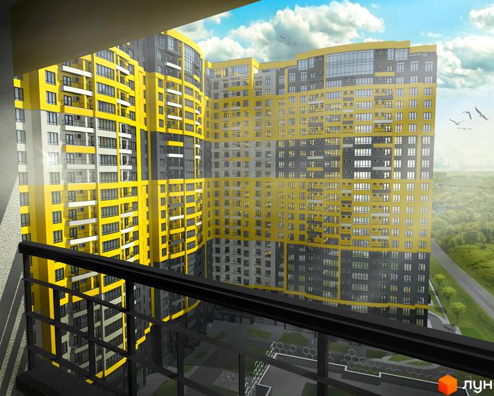 Житловий комплекс Медовий – новобудова з яскравим жовто-сірим фасадом та балконами. На прибудинковій території видно доріжки та зелені насадження.