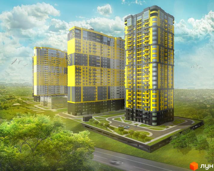 Житловий комплекс Медовий: три висотні будівлі жовто-сірого кольору з вікнами та балконами. Навколо комплексу багато зелених насаджень, дороги та пішохідні зони.