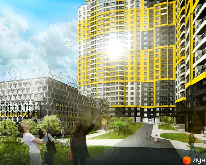 Новобудова ЖК Медовий з жовтими фасадами та сірими елементами. Територія з зеленими насадженнями та місцями для відпочинку.