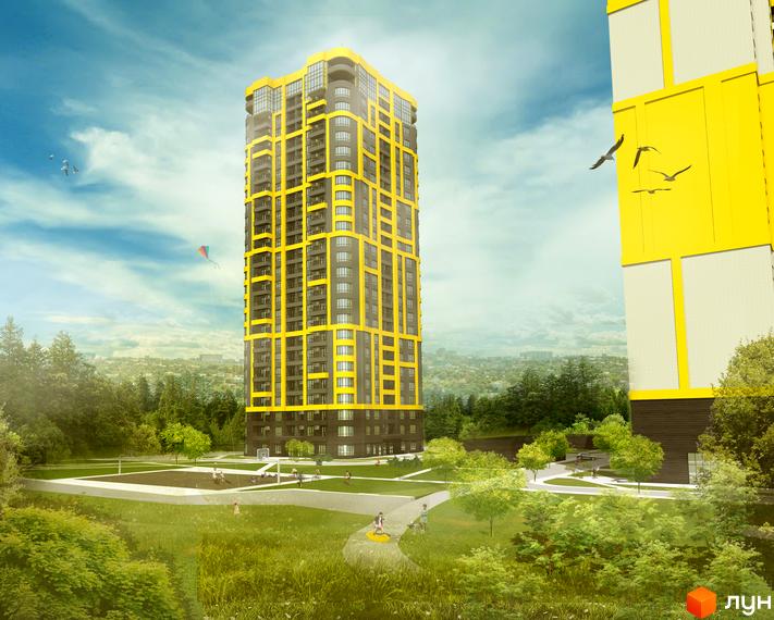 Багатоповерховий житловий будинок з жовтими та сірими фасадами Житлового комплексу Медовий, розташований серед зеленого парку з дитячим майданчиком.