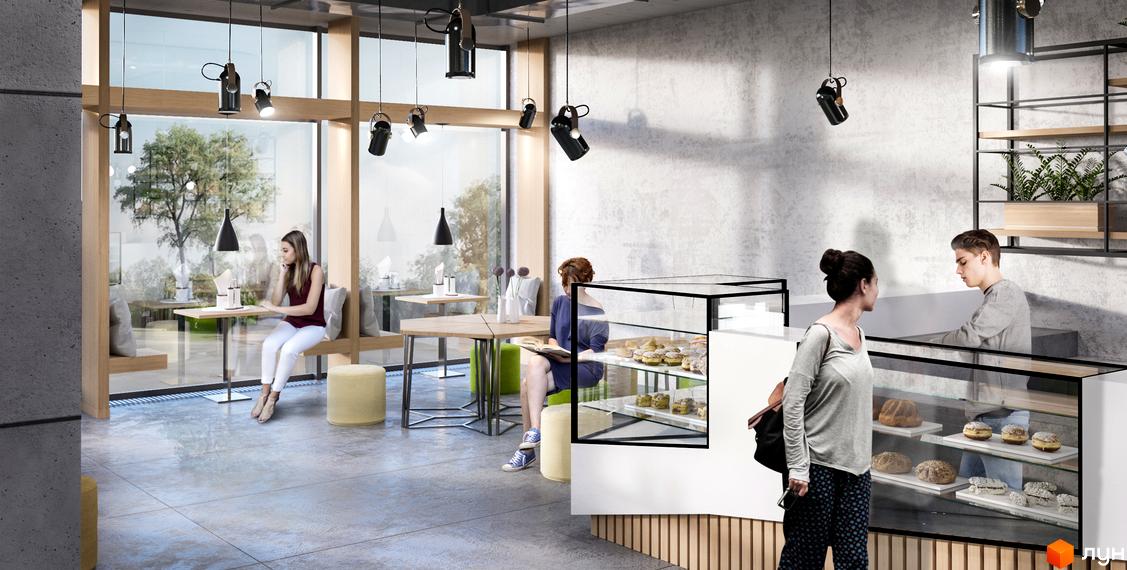 Житловий комплекс Вільне Місто: світлий інтер'єр кафе з панорамними вікнами, дерев'яними меблями та вітриною з випічкою.