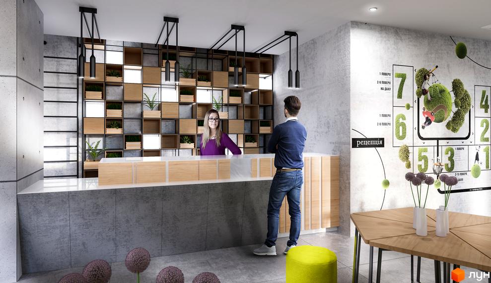 Інтер'єр зони рецепції у Будівельному проєкті Вільне Місто з дерев'яними елементами та рослинами. На стіні зображено графічний план поверхів.
