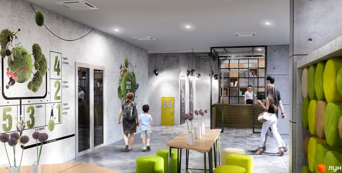 Інтер'єр в Житловому комплексі Вільне Місто: стіни з графіті, зелені пуфики та дерев'яні столи. У приміщенні люди, зона ресепшену та таблички з поверхами.