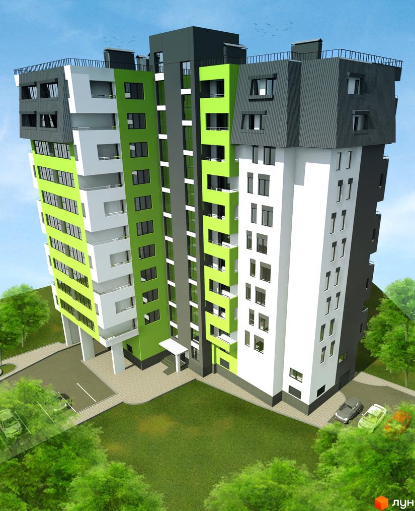 Зовнішній вигляд новобудови на вул. Стуса, 12а, з яскравими зеленими та білими фасадами, сірими елементами та незвичною формою даху. Прибудинкова територія з газоном та автомобілями.