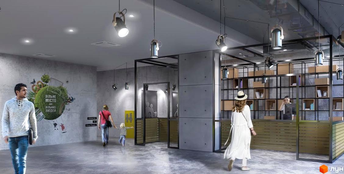 Внутрішній простір Житлового комплексу Вільне Місто, що включає зону відпочинку з муралом та інформаційну стійку.