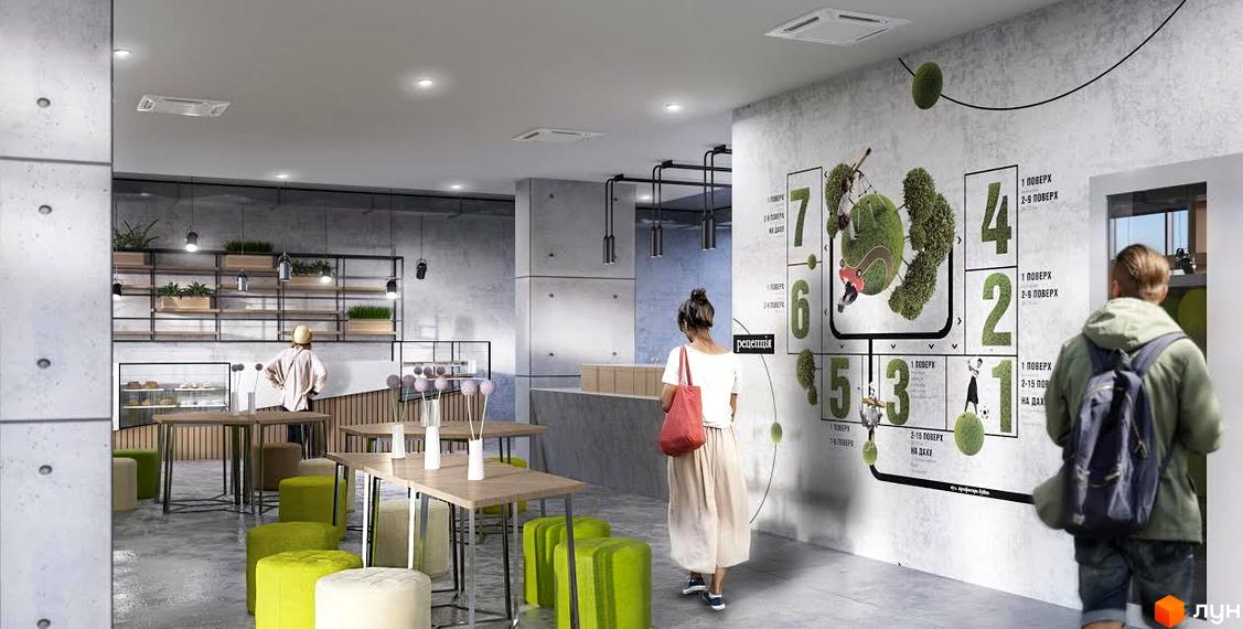 Простора зона відпочинку Житлового комплексу Вільне Місто з бетонними елементами, дерев'яними столами та м'якими сидіннями. Стіна прикрашена великою графікою та рослинними мотивами.