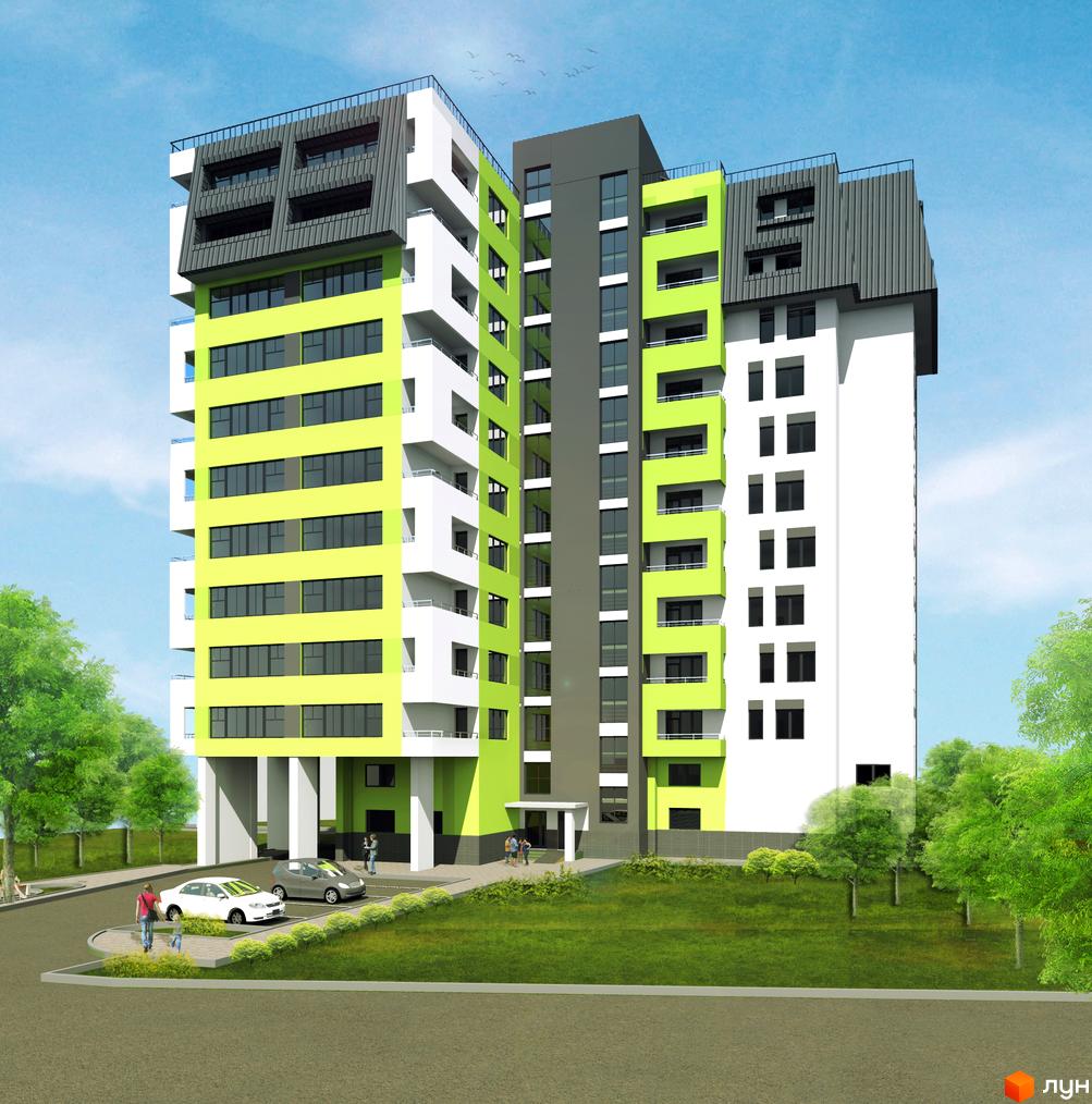 Новобудова на вул. Стуса, 12а має яскравий фасад із зеленими та білими елементами, балконами та великими вікнами. Перед будинком розташована прибудинкова територія з деревами, газоном та парковкою.