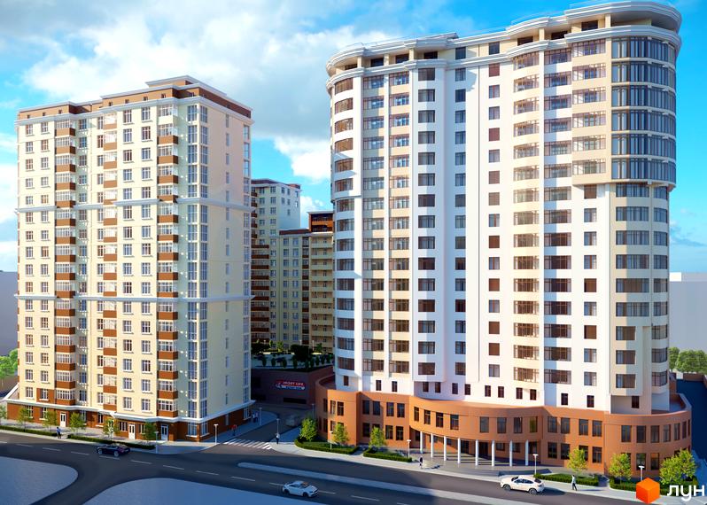 Житловий комплекс Авіа Квартал: багатоповерхові будинки світлих відтінків, один з яких має округлу форму, розташовані поруч з дорогою та зеленими насадженнями.