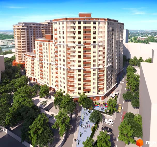 Зовнішній вигляд житлового комплексу Авіа Квартал з прибудинковою територією та зеленими насадженнями.