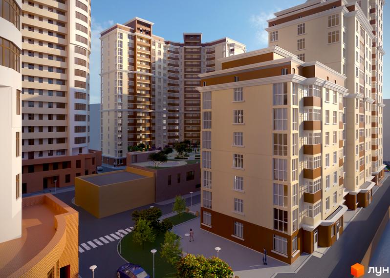 Зовнішній вигляд житлового комплексу Авіа Квартал з сучасними будинками та прибудинковою територією з зеленими насадженнями.