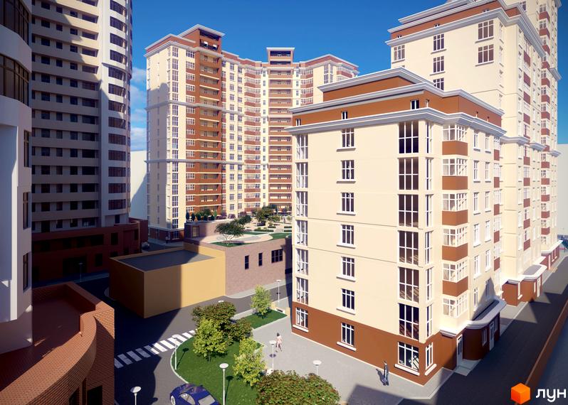 Зовнішній вигляд житлового комплексу Авіа Квартал з прибудинковою територією та озелененням.