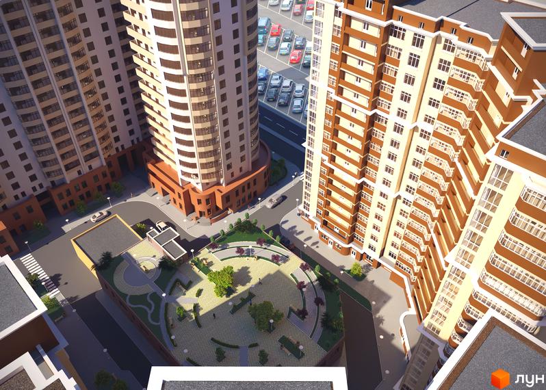 Зовнішній вигляд житлового комплексу Авіа Квартал з прибудинковою територією та зеленими насадженнями.