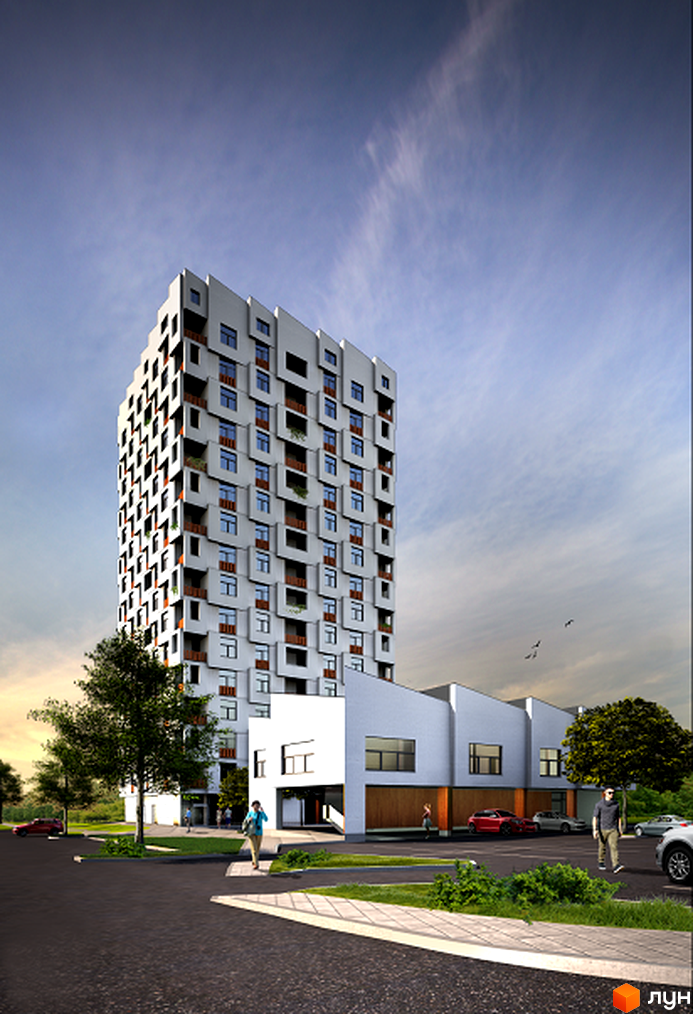 Новобудова на вулиці Ковалика, 1 з унікальним фасадом та балконами. Прибудинкова територія з деревами, парковкою та пішохідними доріжками.