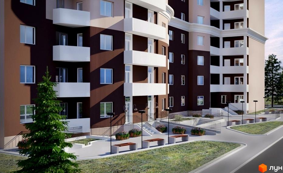 Зображення фасаду та прибудинкової території житлового комплексу по вулиці Левітана, 113. Багатоповерховий будинок з балконами та лавками біля під'їздів.