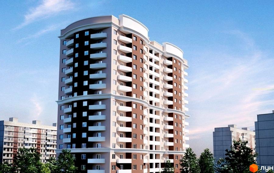 Зображення багатоповерхового будинку на вулиці Левітана, 113. Вигляд фасаду та балконів Житлового комплексу. Навколо дерева та інші будівлі.