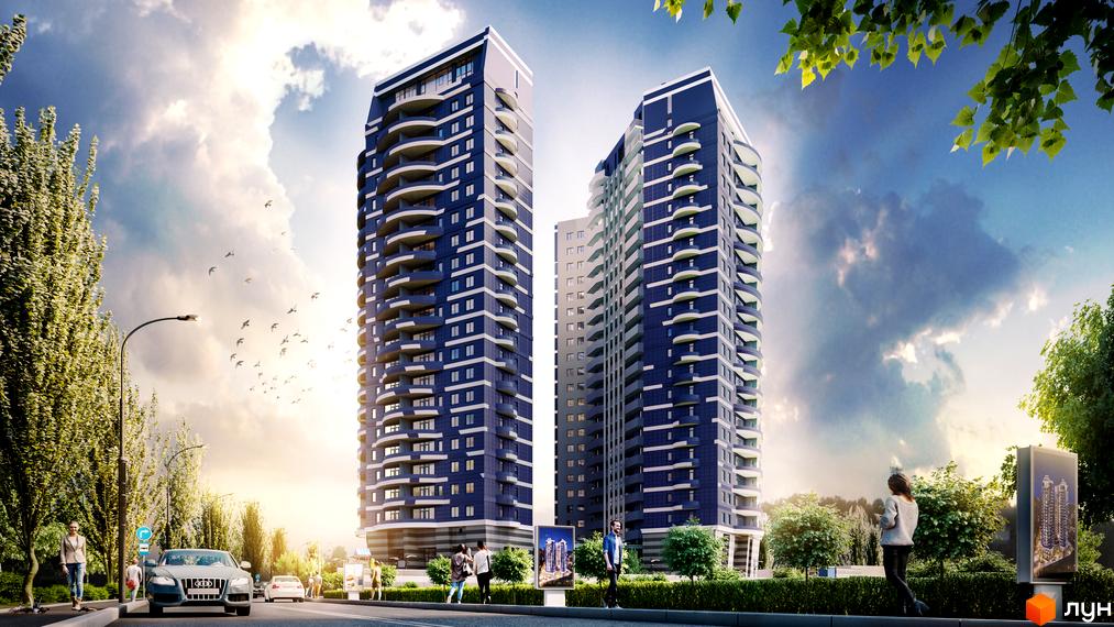 Житловий комплекс Alter Ego: дві високі темно-сині будівлі з білими балконами та вікнами, розташовані на фоні хмарного неба. На передньому плані дорога з автомобілями та пішоходами, зелені дерева та кущі.