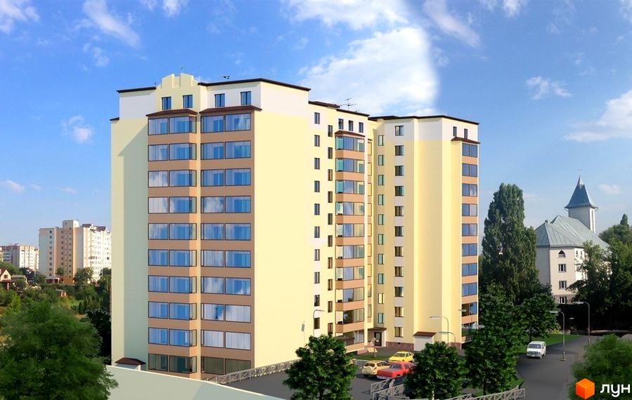 Зовнішній вигляд світло-жовтого багатоповерхового будинку з численними вікнами. На прибудинковій території видно дерева та автомобілі.