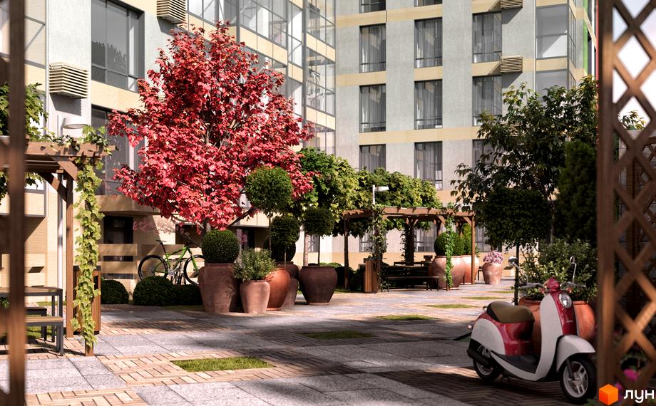 Житловий комплекс Palermo: фасад будівлі та затишна прибудинкова територія з деревами, альтанкою та скутером.