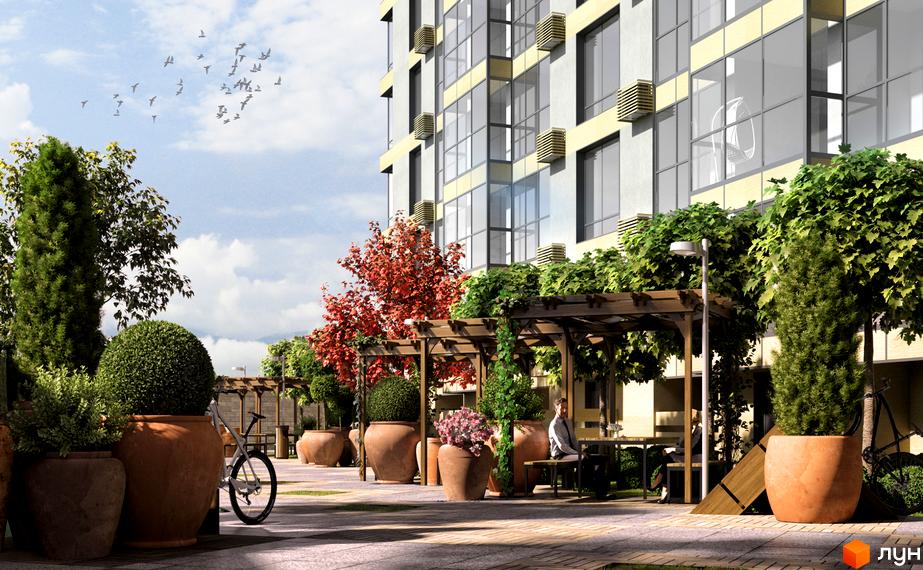 Житловий комплекс Palermo. Сучасна архітектура будівлі з великими вікнами та затишна прибудинкова територія з альтанками та зеленими насадженнями.