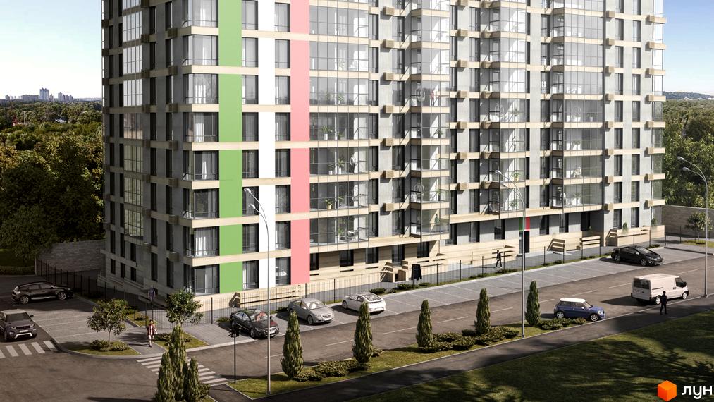 Багатоповерховий будинок Житлового комплексу Palermo з великими вікнами та кольоровими смугами. Поруч дорога з автомобілями та зелені насадження.