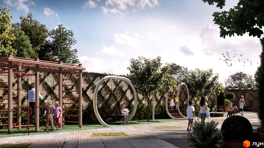 Дитячий майданчик у житловому комплексі Palermo з елементами для спорту та відпочинку. На території є гірки, гойдалки та зони для лазіння, оточені зеленню.