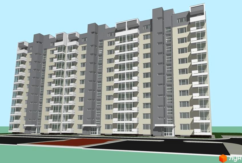 Зовнішній вигляд багатоповерхового житлового комплексу на вулиці Випасовій, 11б. Будинок має сіро-бежеве оздоблення фасаду та численні балкони. Навколо будинку облаштована прибудинкова територія з доріжками та зеленими насадженнями.