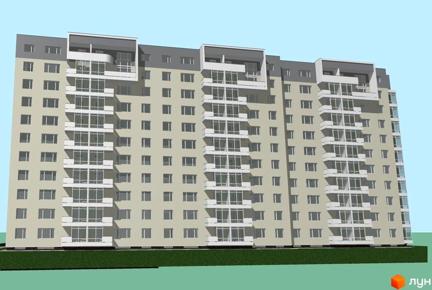 Будівельний проєкт на вул. Випасова, 11б. Багатоповерховий будинок світло-бежевого кольору з численними балконами та великими вікнами. Навколо будинку зелена галявина.