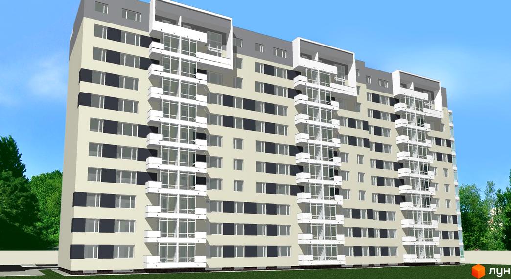 Зовнішній вигляд багатоповерхового житлового комплексу на вул. Випасова, 11б. Будинок має світло-бежевий фасад з темними віконними прорізами та білими балконами. Навколо будинку зелена газонна територія.