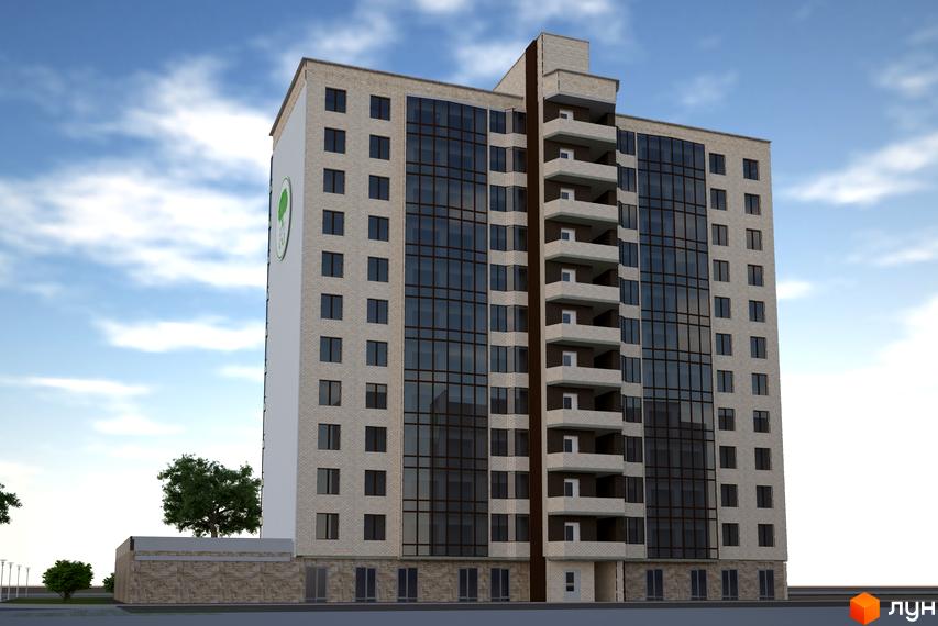 Зображення фасаду та бічного фасаду багатоповерхового будинку Житлового комплексу Перший Парковий квартал. Навколо будинку зелені насадження.