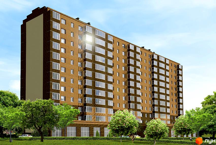 Зображення багатоповерхового будинку в Житловому комплексі Перший Парковий квартал. Навколо будинку зелені насадження та газон.