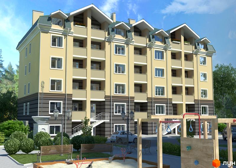 Зображення фасаду Житлового комплексу Вересневий. Багатоповерховий будинок з балконами та дитячим майданчиком на прибудинковій території.