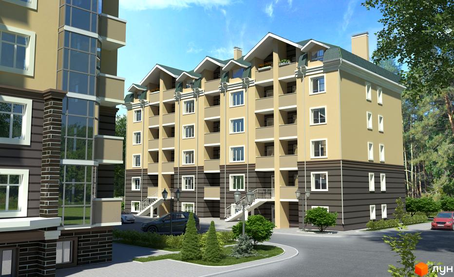 Зображення фасаду Житлового комплексу Вересневий. Багатоповерховий будинок з балконами та зеленим дахом, поруч дерева та доглянута територія.