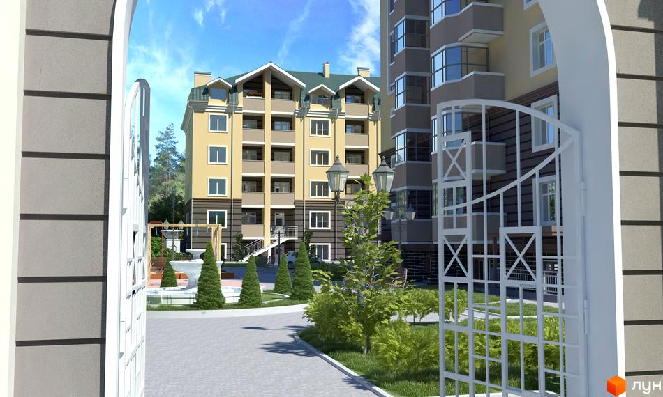 Зображення фасаду та внутрішнього двору Житлового комплексу Вересневий. Багатоповерхові будинки з балконами та зеленою територією.