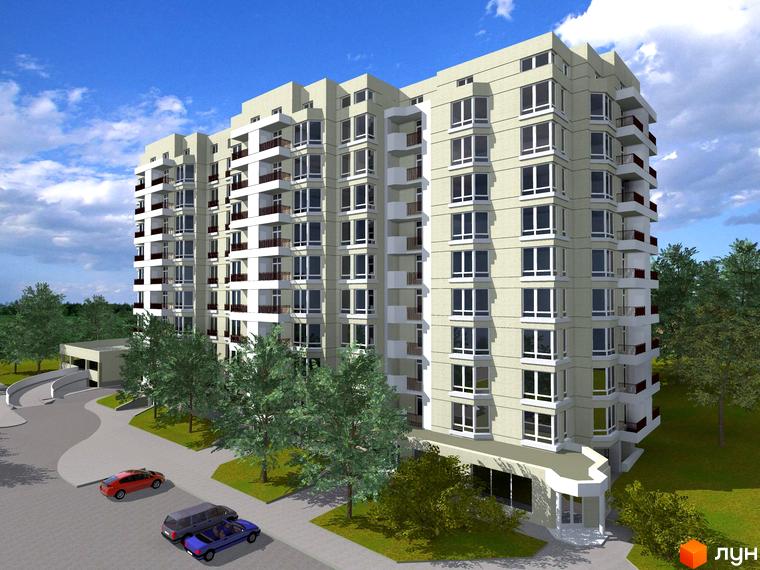 Зовнішній вигляд багатоповерхового будинку з балконами та великими вікнами. На прибудинковій території розташовані дерева та припарковані автомобілі.