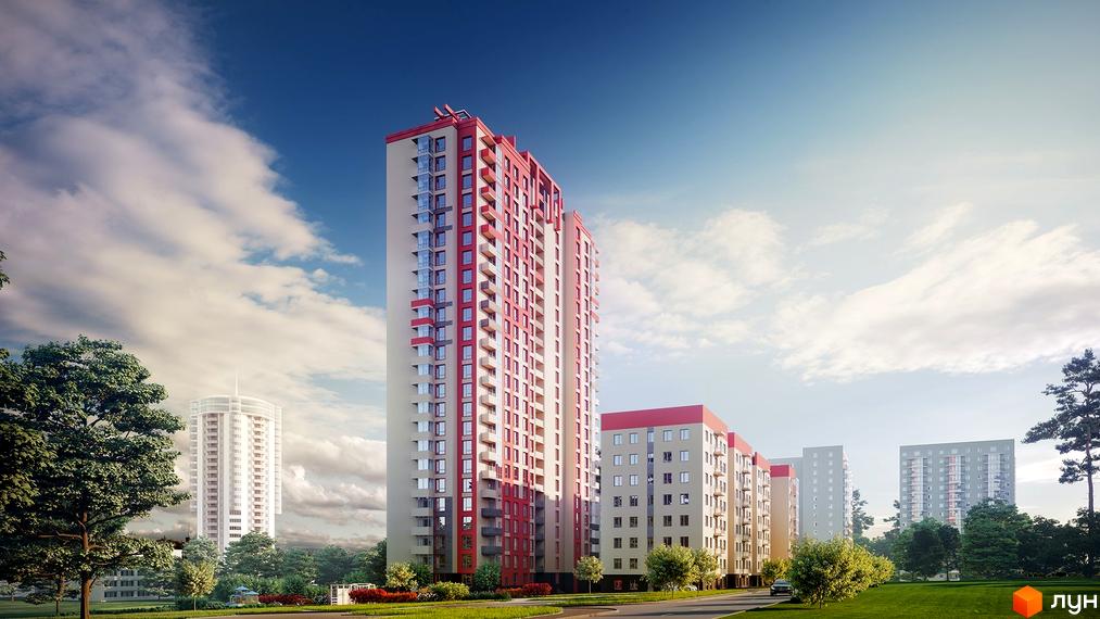 Високі будинки житлового комплексу Гармонія з червоними дахами на тлі блакитного неба. На території комплексу є зелені насадження та дерева.